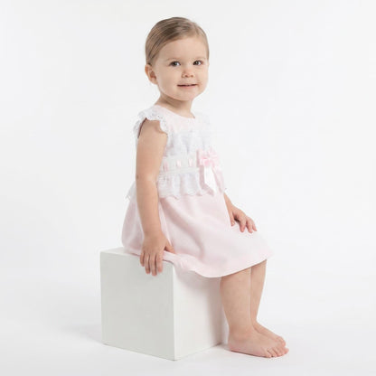 Baby Girl Pink Waffle A Line Lacey Dress Satin Bow "2518 Pink"