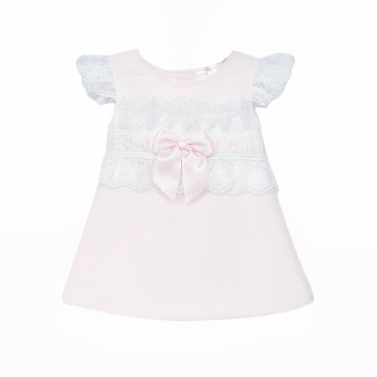 Baby Girl Pink Waffle A Line Lacey Dress Satin Bow "2518 Pink"