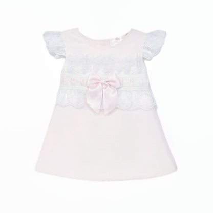 Baby Girl Pink Waffle A Line Lacey Dress Satin Bow "2518 Pink"