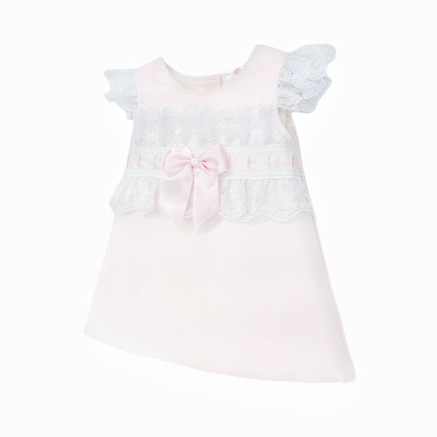 Baby Girl Pink Waffle A Line Lacey Dress Satin Bow "2518 Pink"
