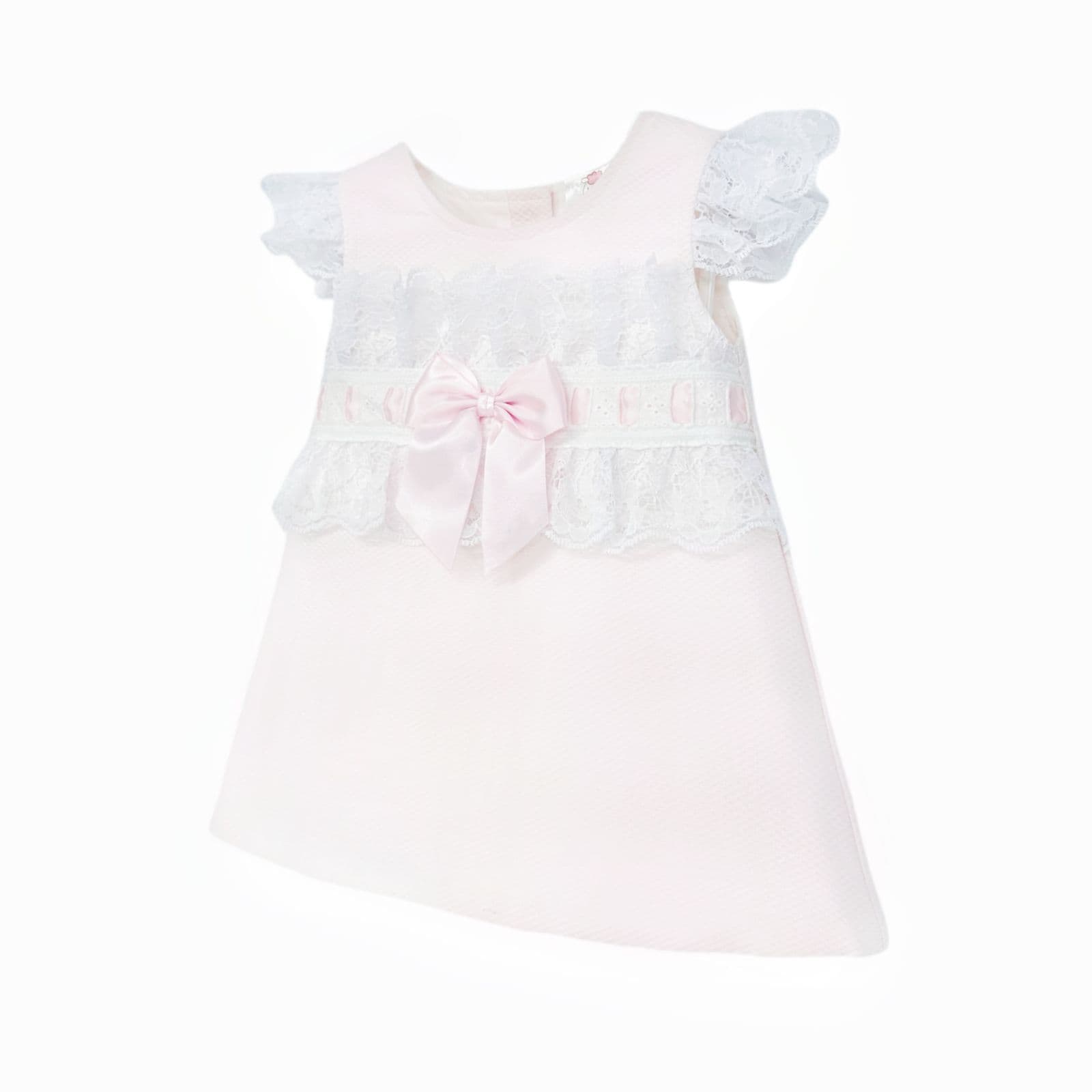 Baby Girl Pink Waffle A Line Lacey Dress Satin Bow "2518 Pink"
