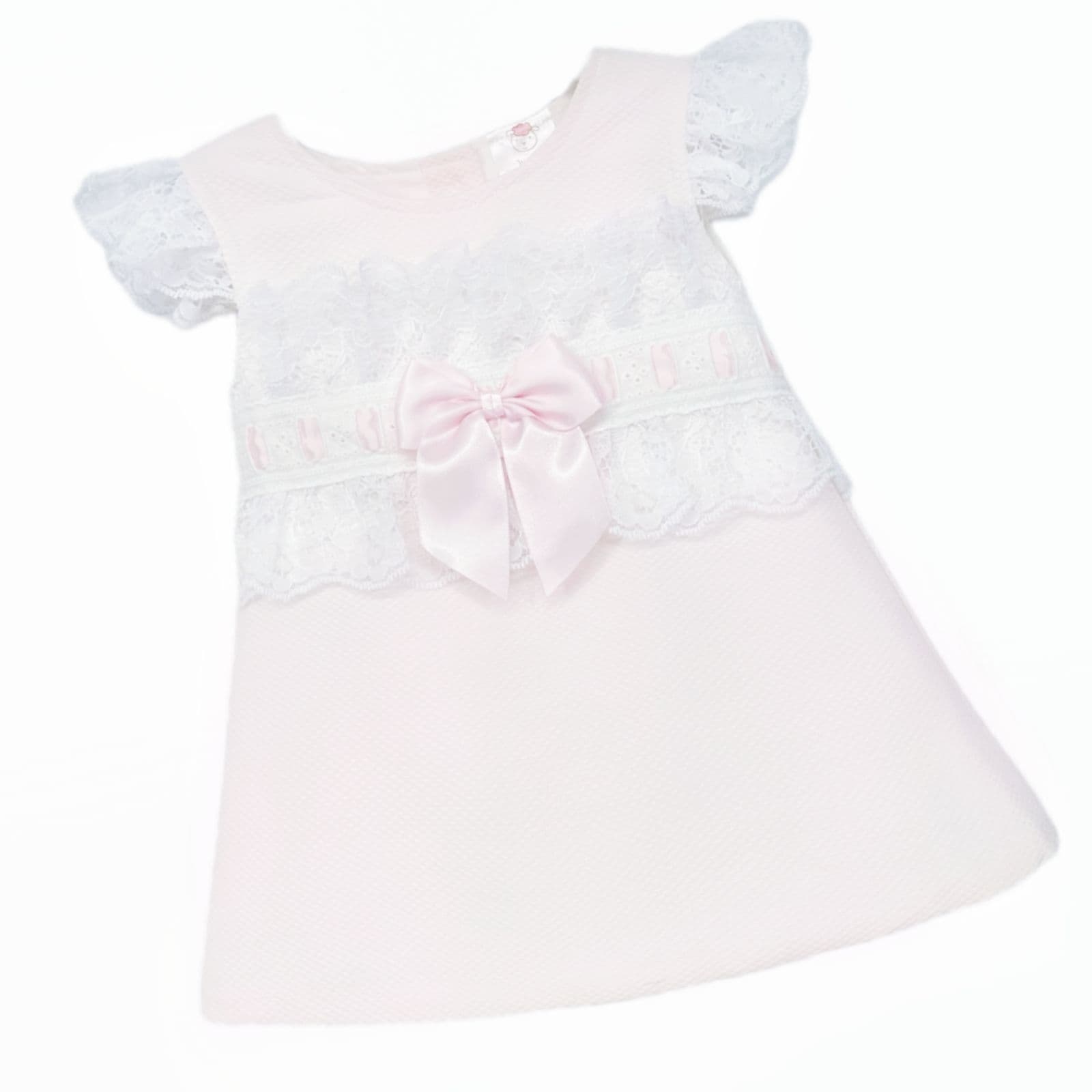 Baby Girl Pink Waffle A Line Lacey Dress Satin Bow "2518 Pink"