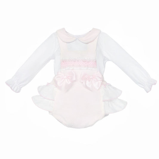 Baby Girl Pink Waffle Frilly Bottom Romper with Shirt "2537"