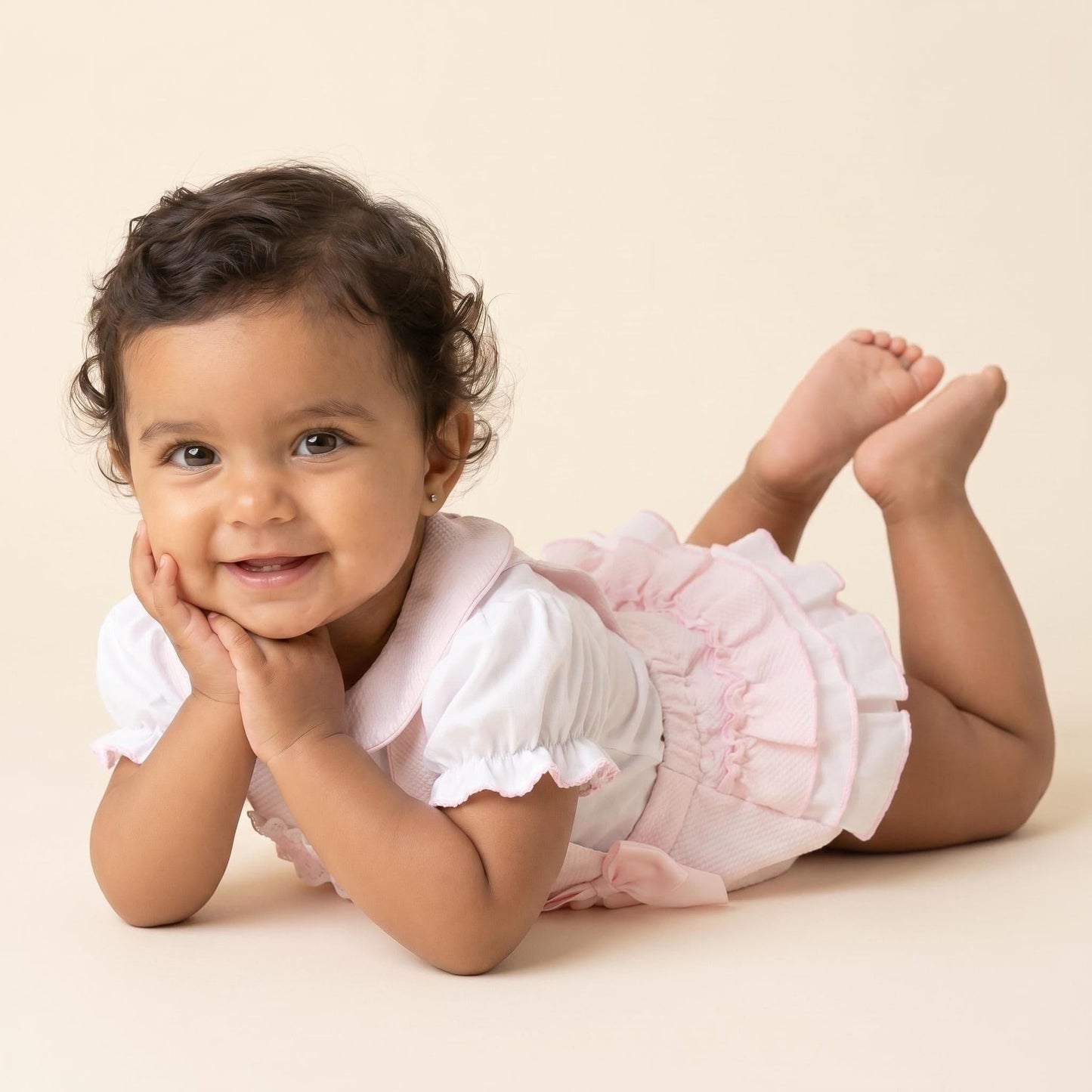 Baby Girl Pink Waffle Frilly Bottom Romper with Shirt "2608"