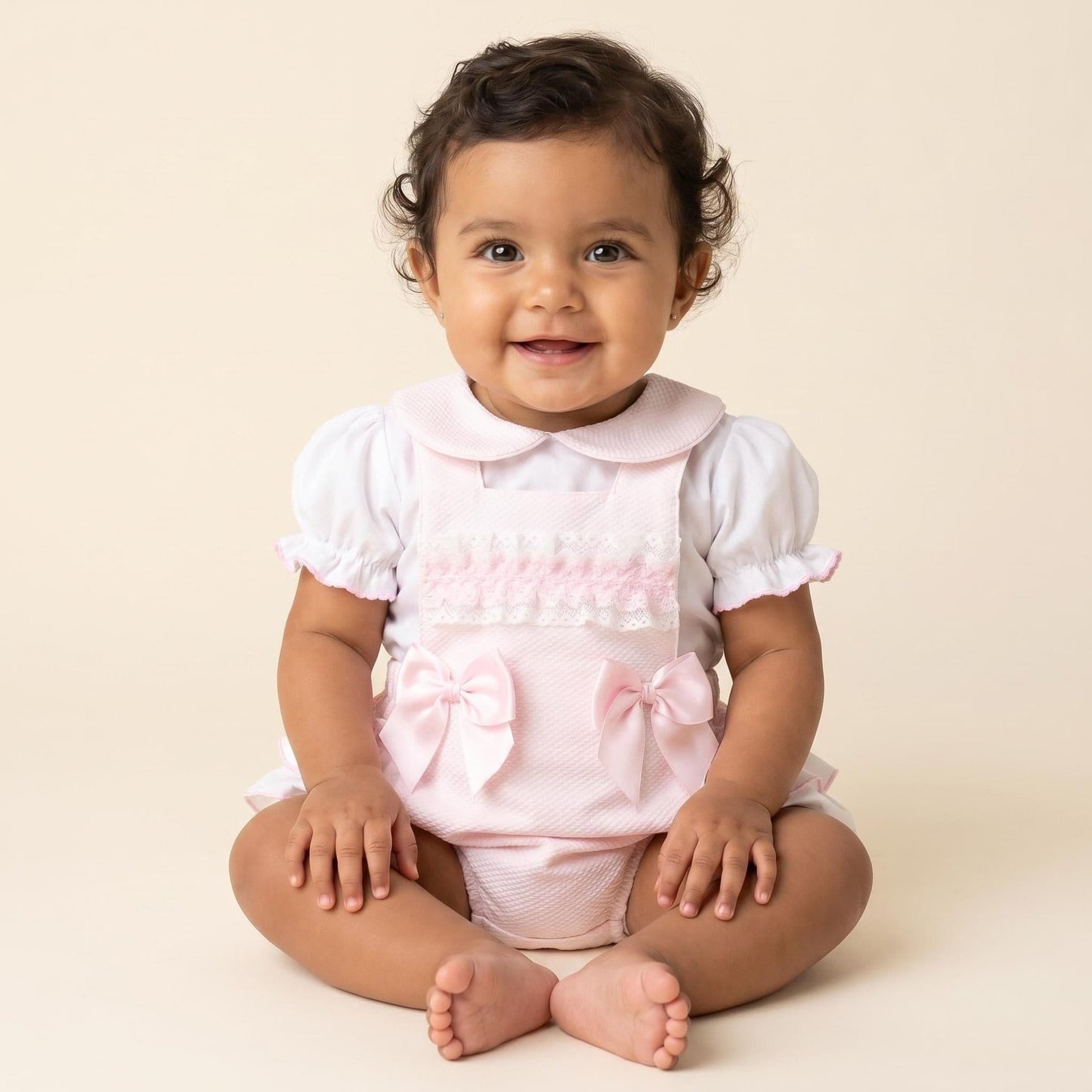 Baby Girl Pink Waffle Frilly Bottom Romper with Shirt "2608"