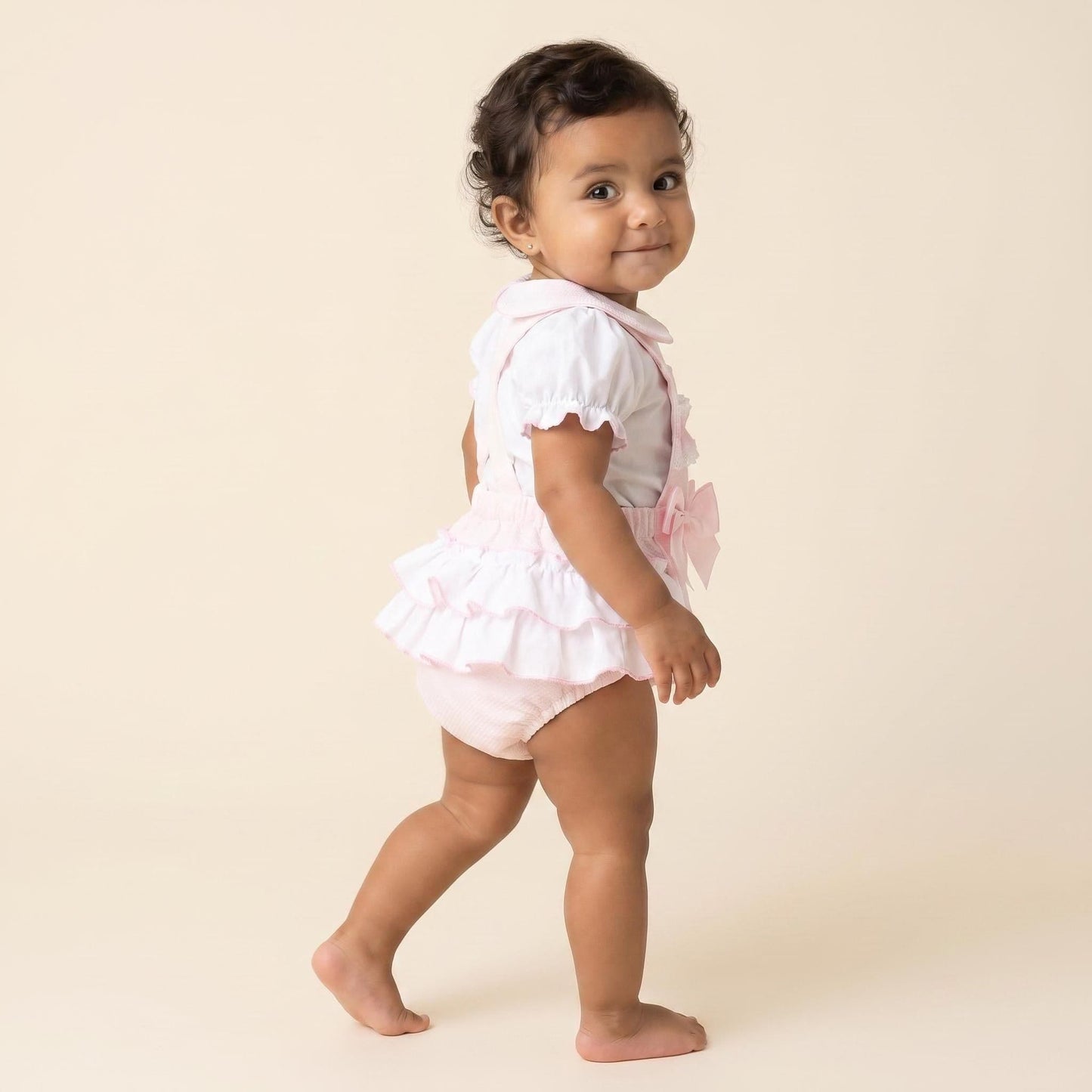 Baby Girl Pink Waffle Frilly Bottom Romper with Shirt "2608"
