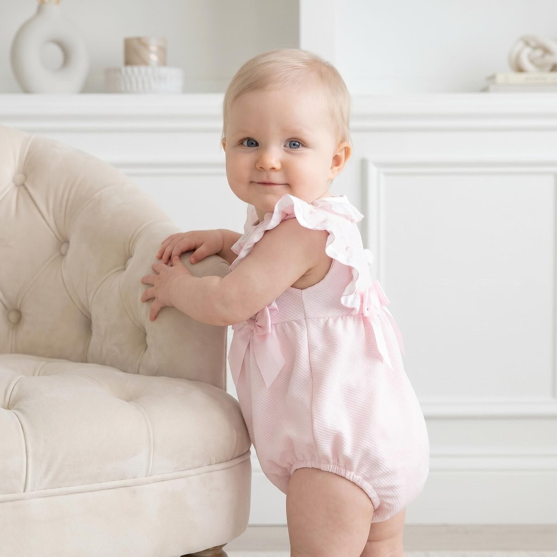 Baby Girl Pink Waffle Frilly Shoulder Romper "2613"