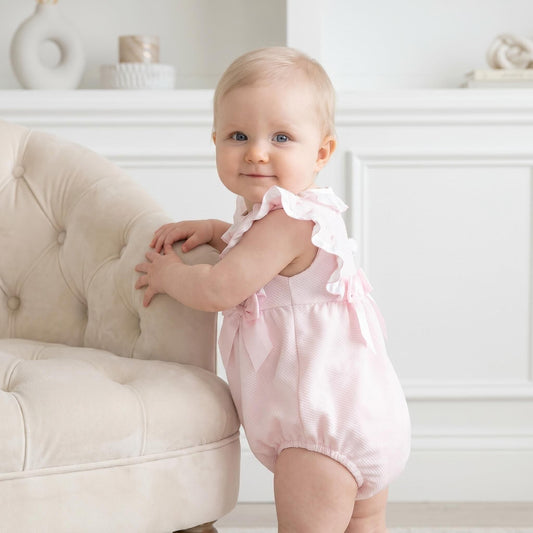 Baby Girl Pink Waffle Frilly Shoulder Romper "2613"