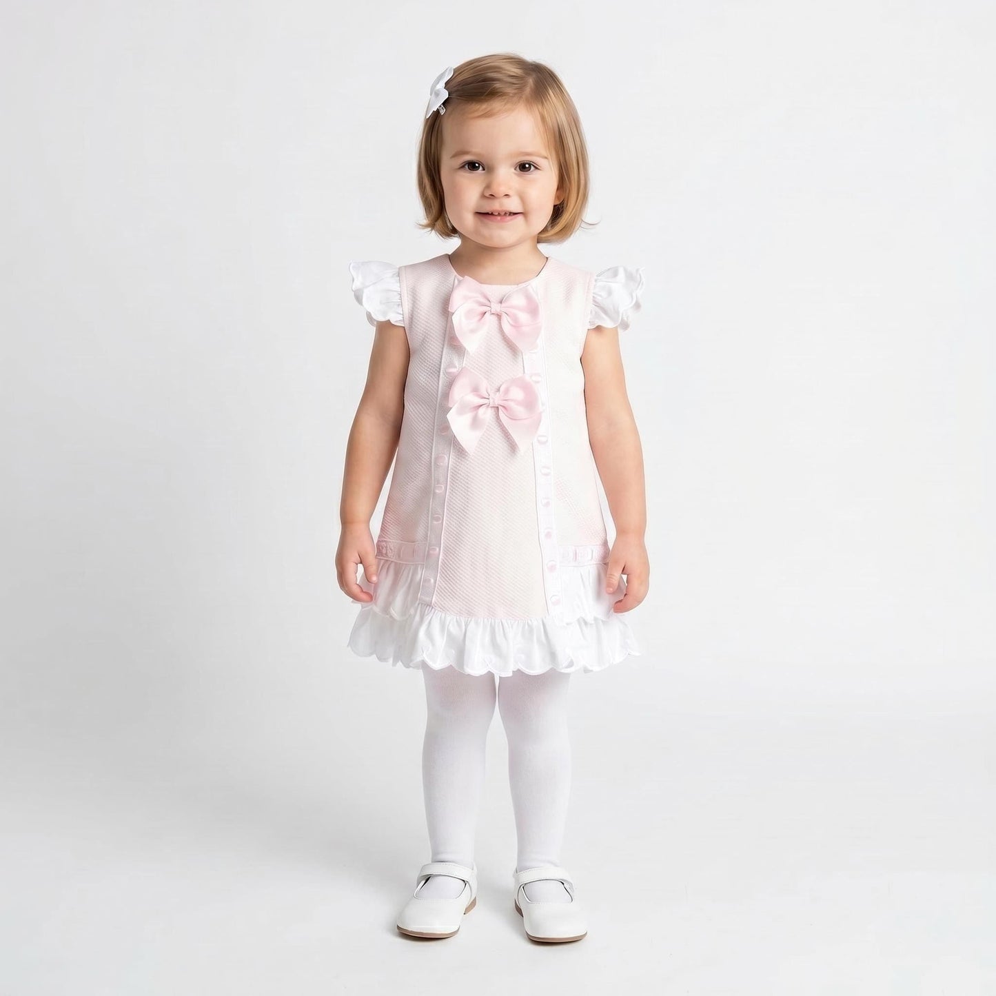 Baby Girl Pink Waffle Ribbon Insert Bow Dress "2601"