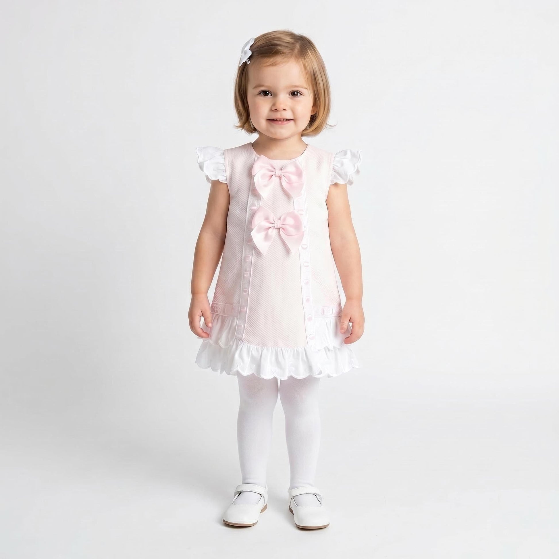 Baby Girl Pink Waffle Ribbon Insert Bow Dress "2601"