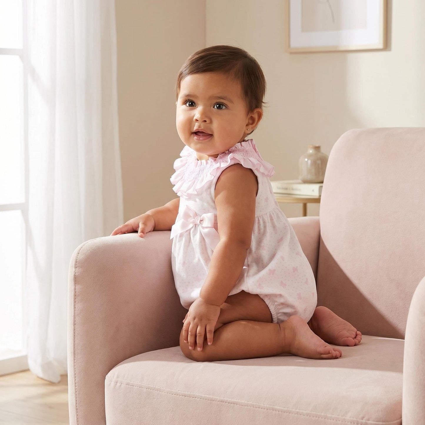 Baby Girl Pink White Bow Print Romper "MYD26029"