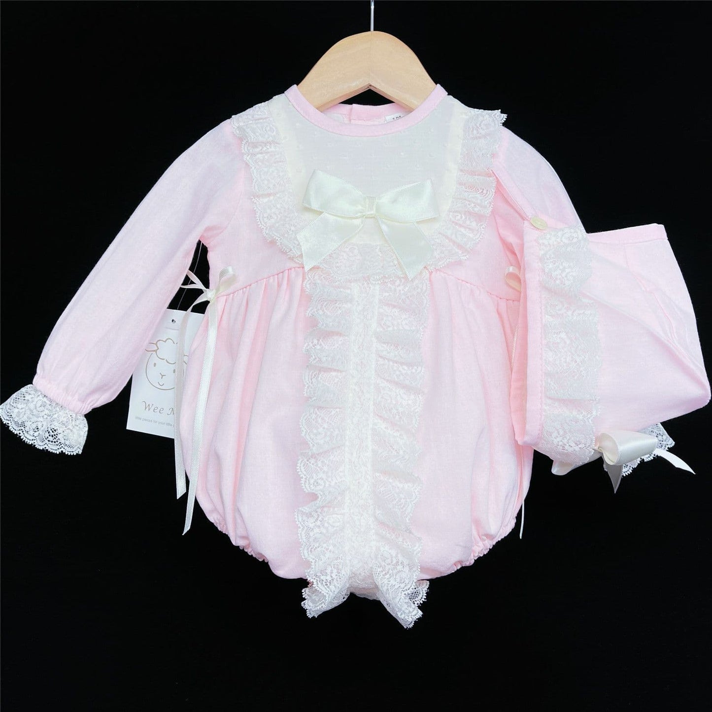 Baby Girl Pink with Cream Long Sleeve Romper with Bonnet "MYD850"