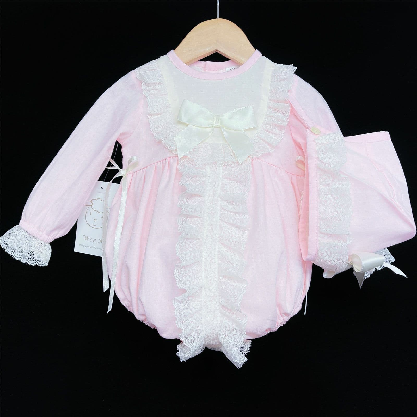 Baby Girl Pink with Cream Long Sleeve Romper with Bonnet "MYD850"