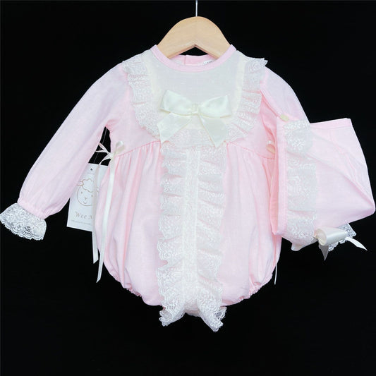 Baby Girl Pink with Cream Long Sleeve Romper with Bonnet "MYD850"