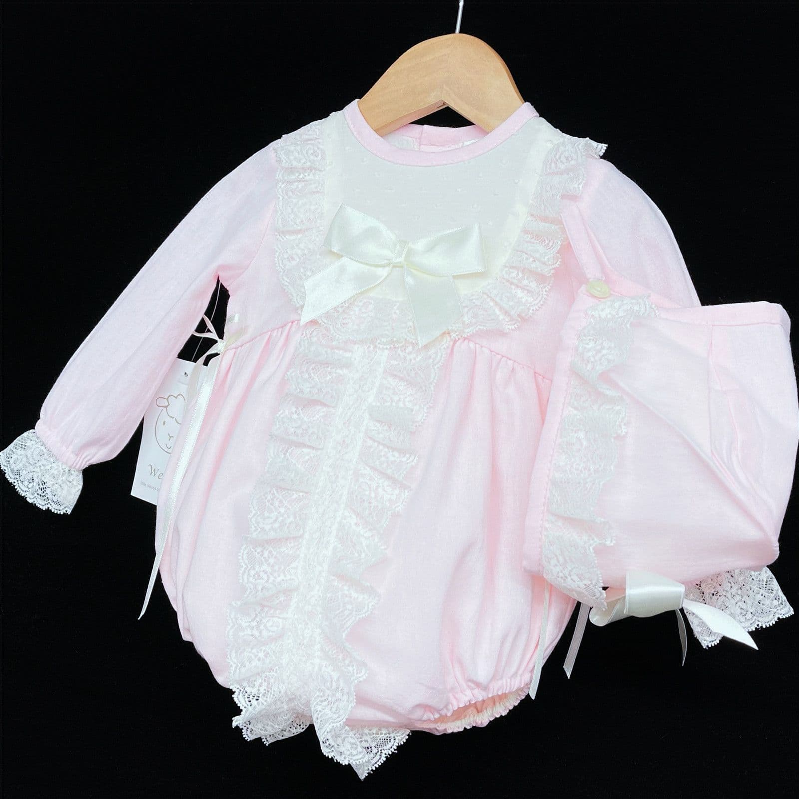 Baby Girl Pink with Cream Long Sleeve Romper with Bonnet "MYD850"