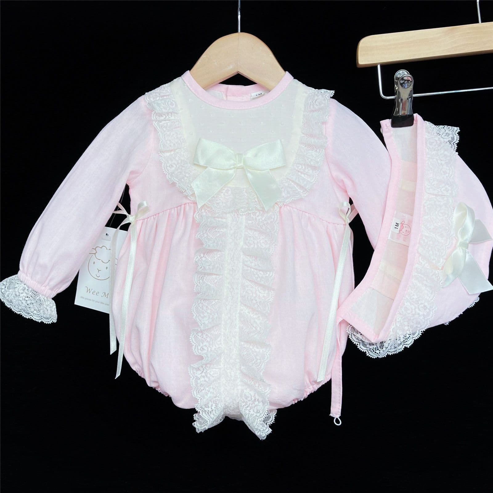 Baby Girl Pink with Cream Long Sleeve Romper with Bonnet "MYD850"