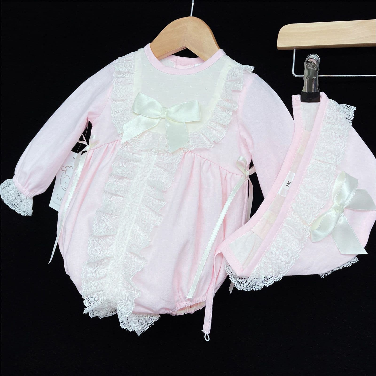 Baby Girl Pink with Cream Long Sleeve Romper with Bonnet "MYD850"