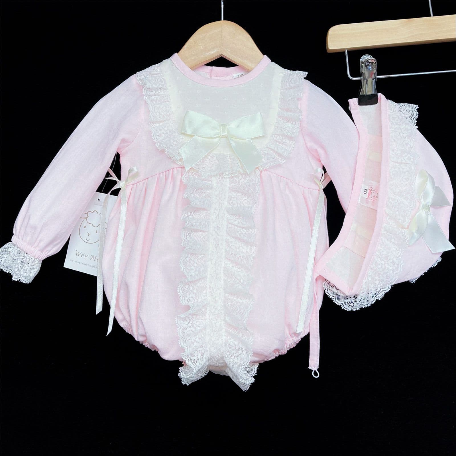 Baby Girl Pink with Cream Long Sleeve Romper with Bonnet "MYD850"
