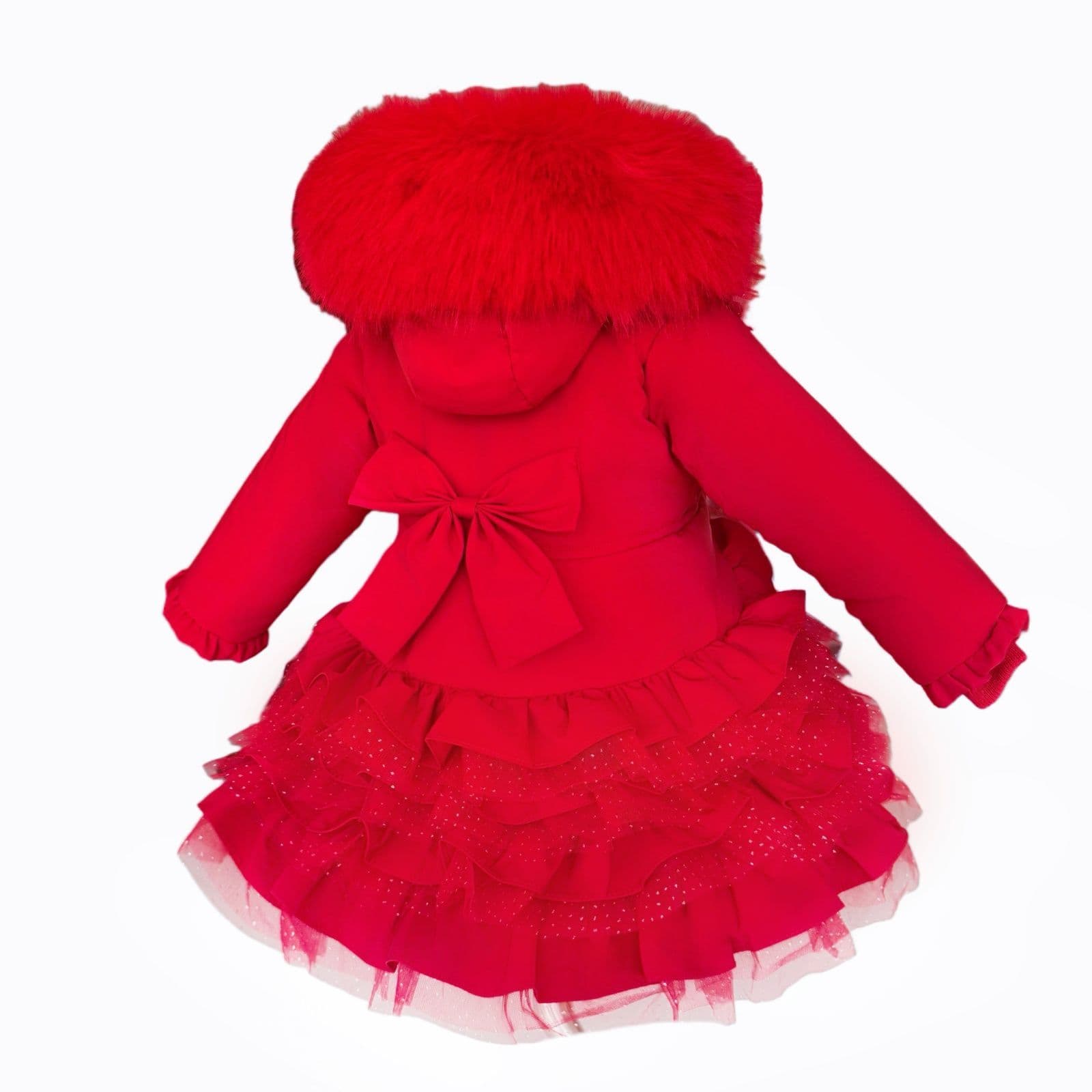Baby Girl Red Frilly Bottoms Puff Coat with Faux Fur Hood "MYD416 Red"
