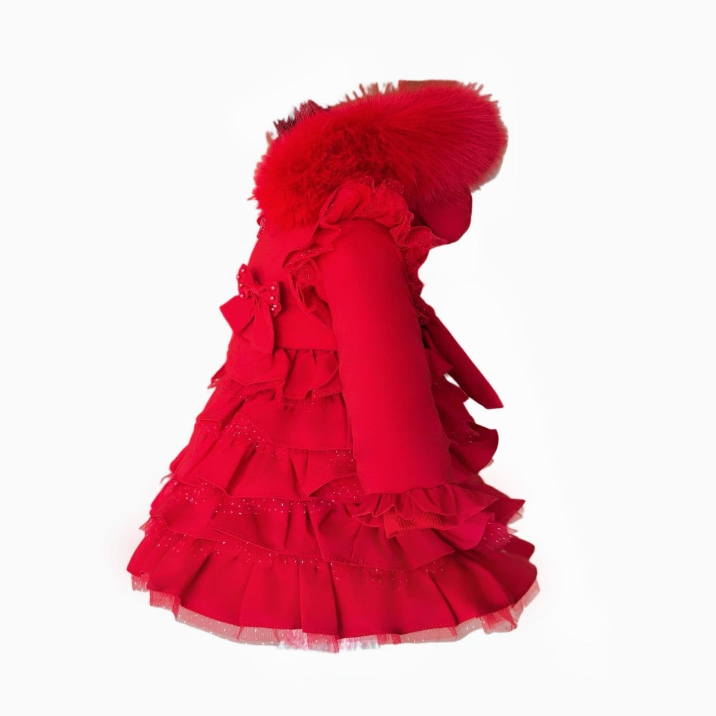Baby Girl Red Frilly Bottoms Puff Coat with Faux Fur Hood "MYD416 Red"