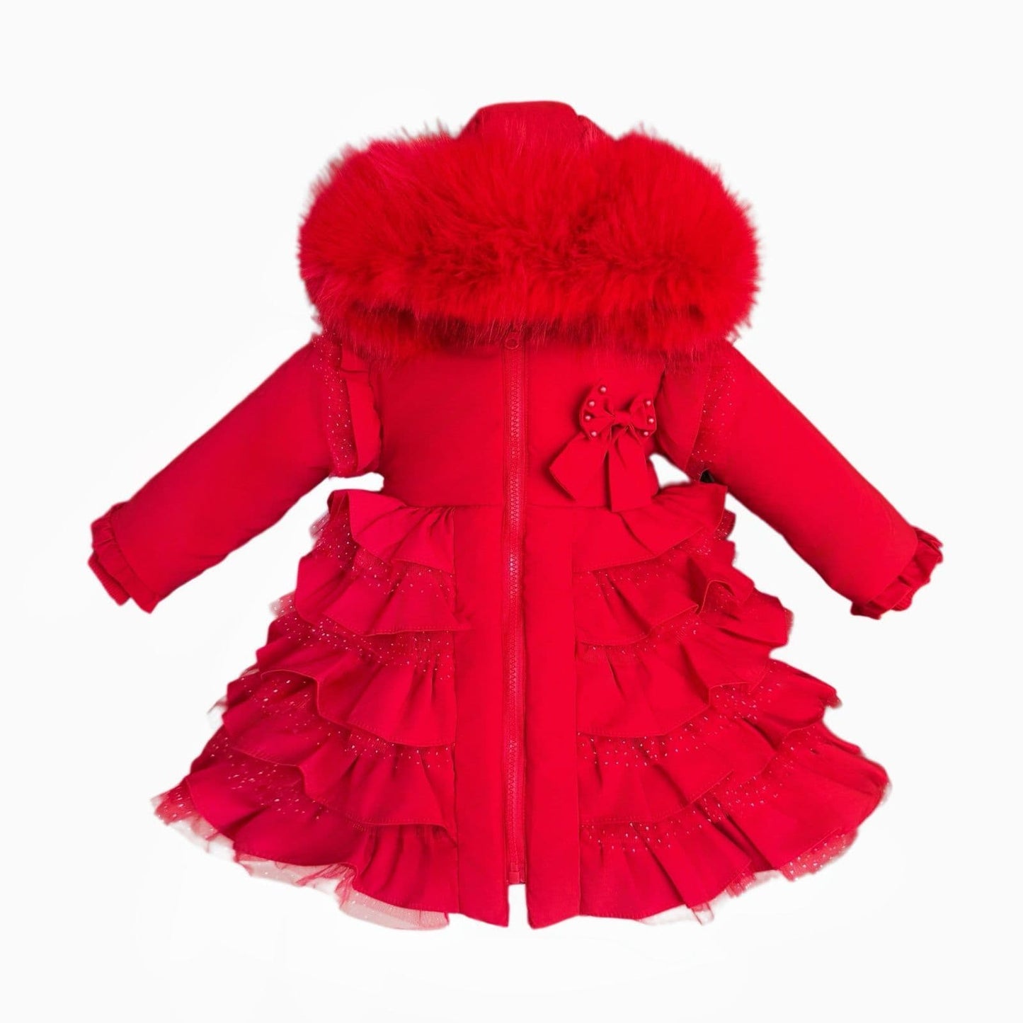 Baby Girl Red Frilly Bottoms Puff Coat with Faux Fur Hood "MYD416 Red"
