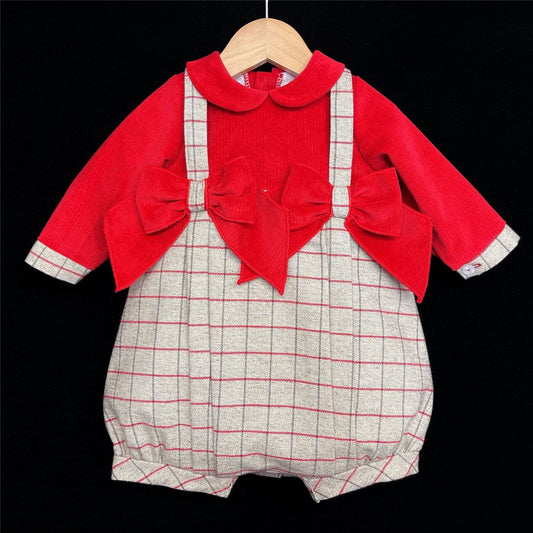 Baby Girl Red Grey Checked Bodysuit with Bow Tartan "MYD108"