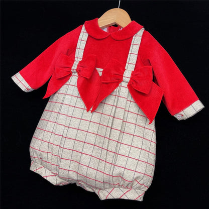 Baby Girl Red Grey Checked Bodysuit with Bow Tartan "MYD108"