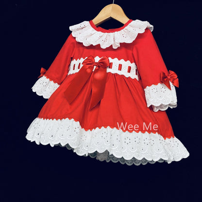 Baby Girl Red Long Sleeve Puff Ball Dress Front Bow "1920"