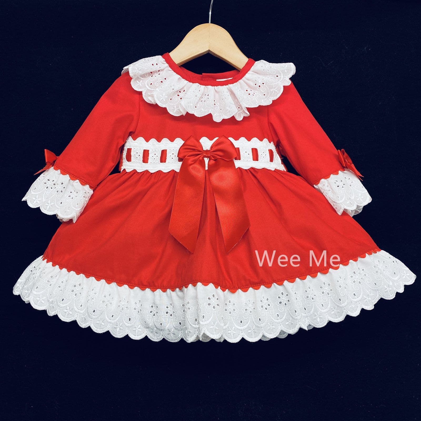 Baby Girl Red Long Sleeve Puff Ball Dress Front Bow "1920"