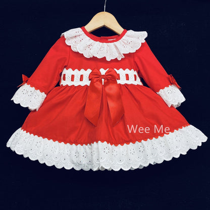 Baby Girl Red Long Sleeve Puff Ball Dress Front Bow "1920"