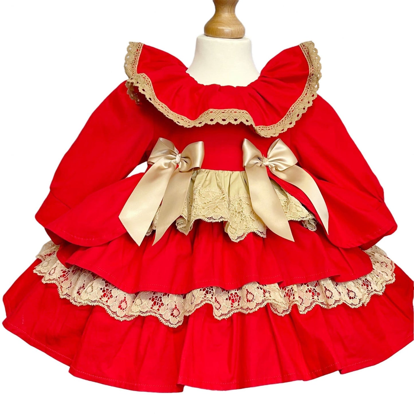 Baby Girl Red with Gold Puff Bow Lace Dress Satin Bows "1957-2"