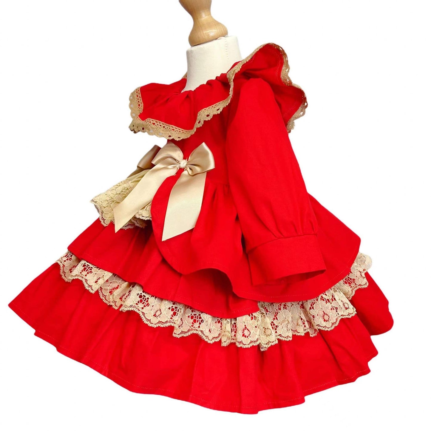 Baby Girl Red with Gold Puff Bow Lace Dress Satin Bows "1957-2"