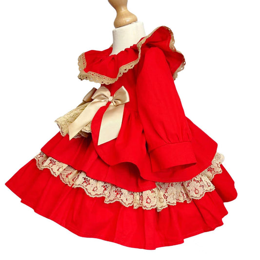 Baby Girl Red with Gold Puff Bow Lace Dress Satin Bows "1957-2"