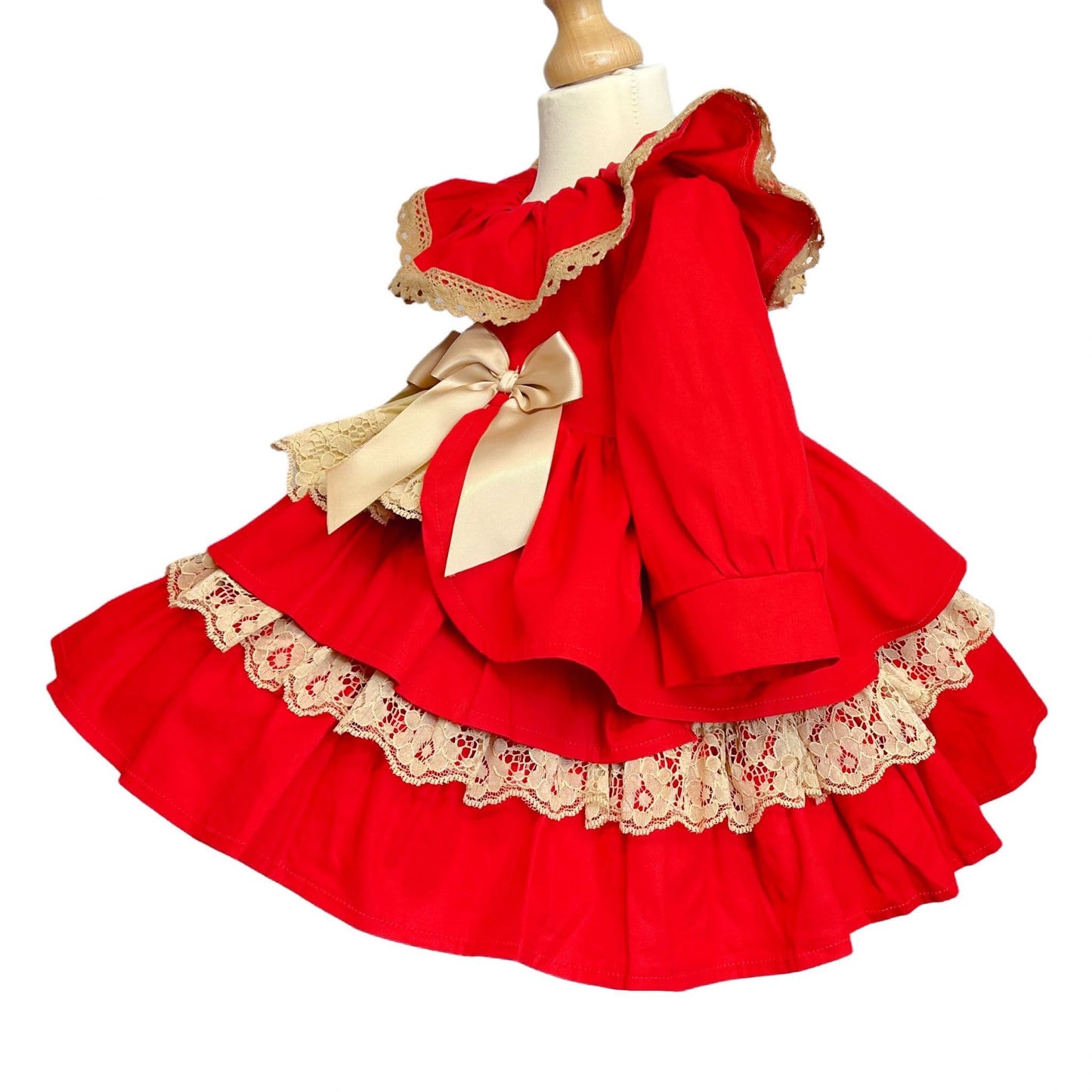 Baby Girl Red with Gold Puff Bow Lace Dress Satin Bows "1957-2"