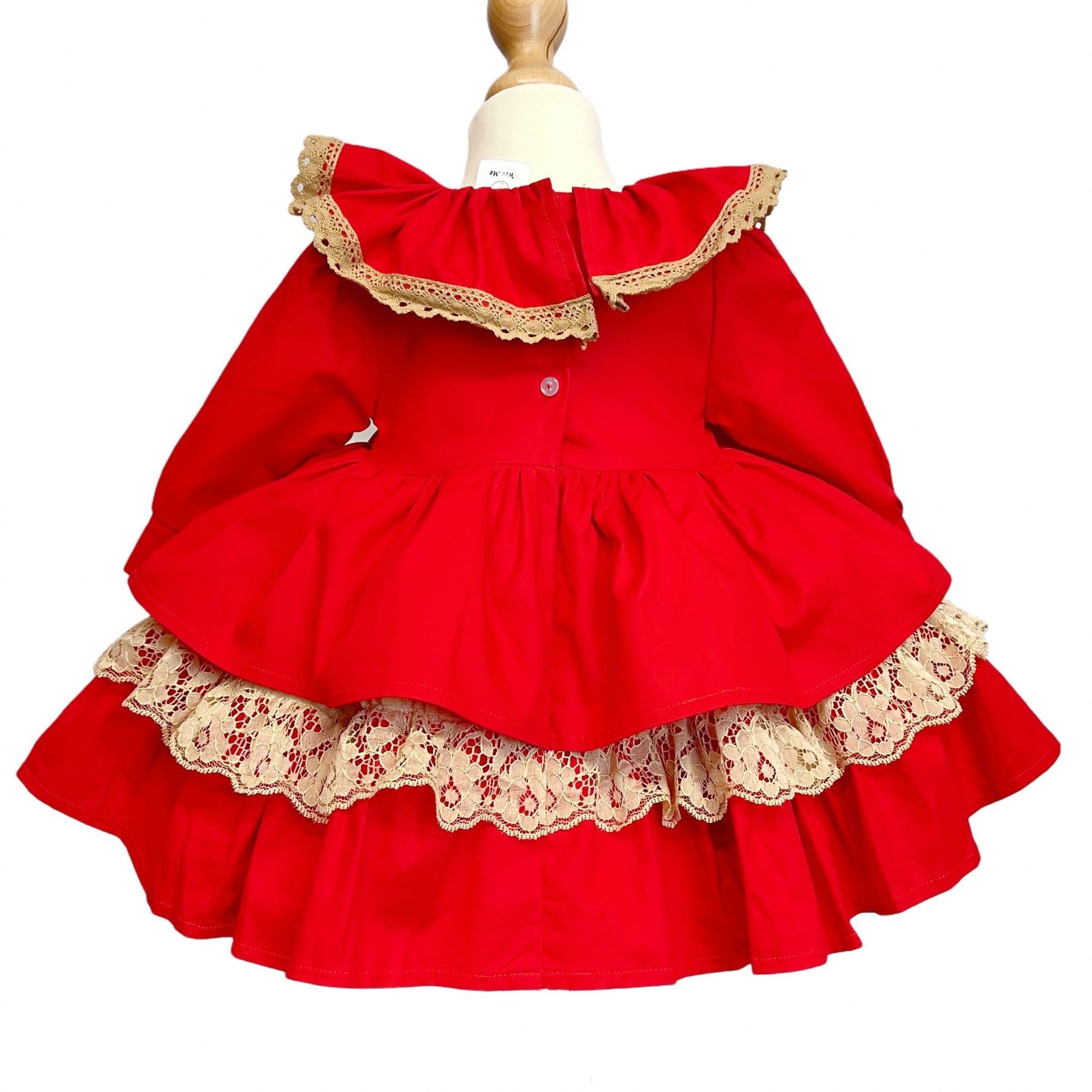 Baby Girl Red with Gold Puff Bow Lace Dress Satin Bows "1957-2"