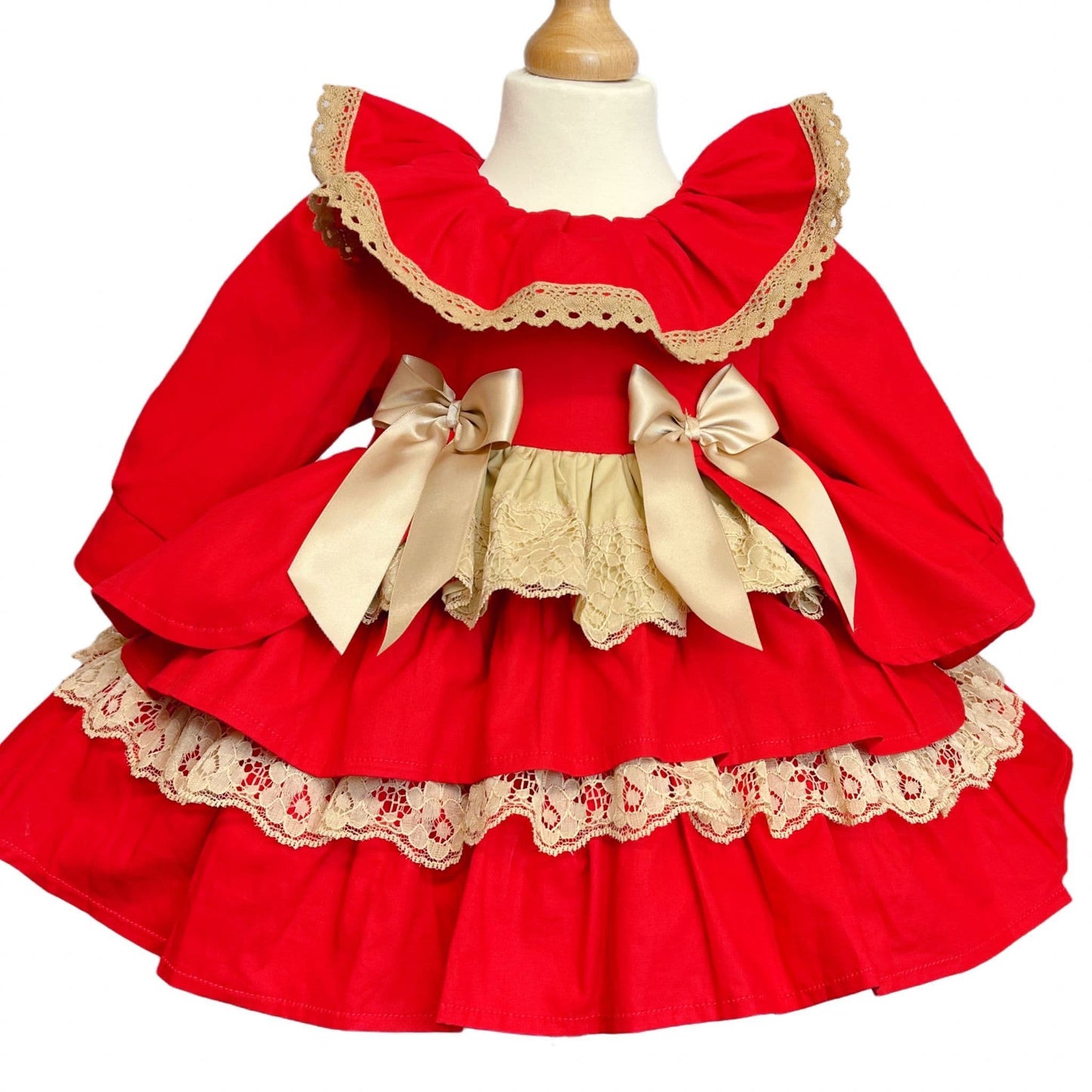 Baby Girl Red with Gold Puff Bow Lace Dress Satin Bows "1957-2"