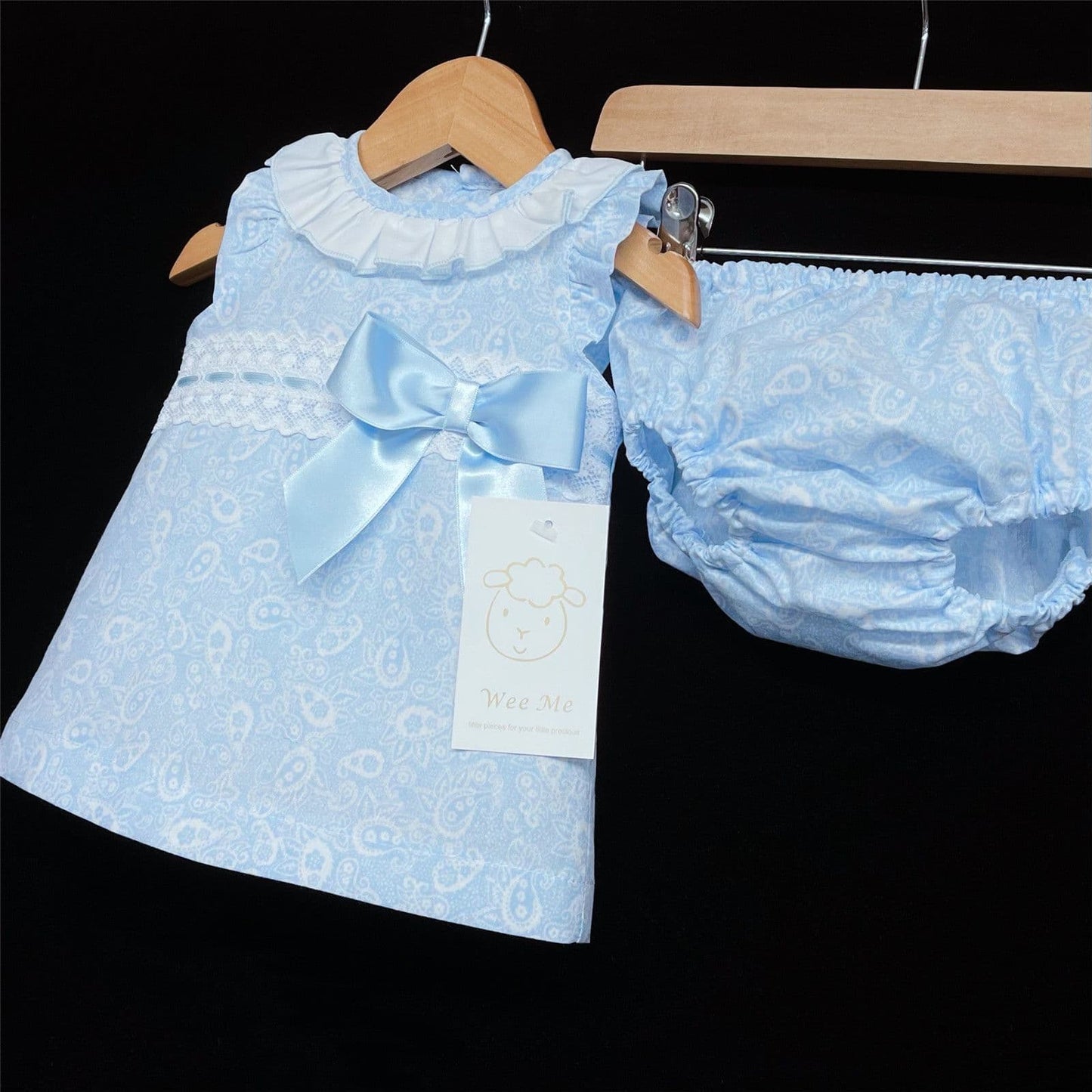 Baby Girl Spanish Blue Floral A Line Dress Ribbon Insert Lace Satin Bow Pants Set "MYD366B"