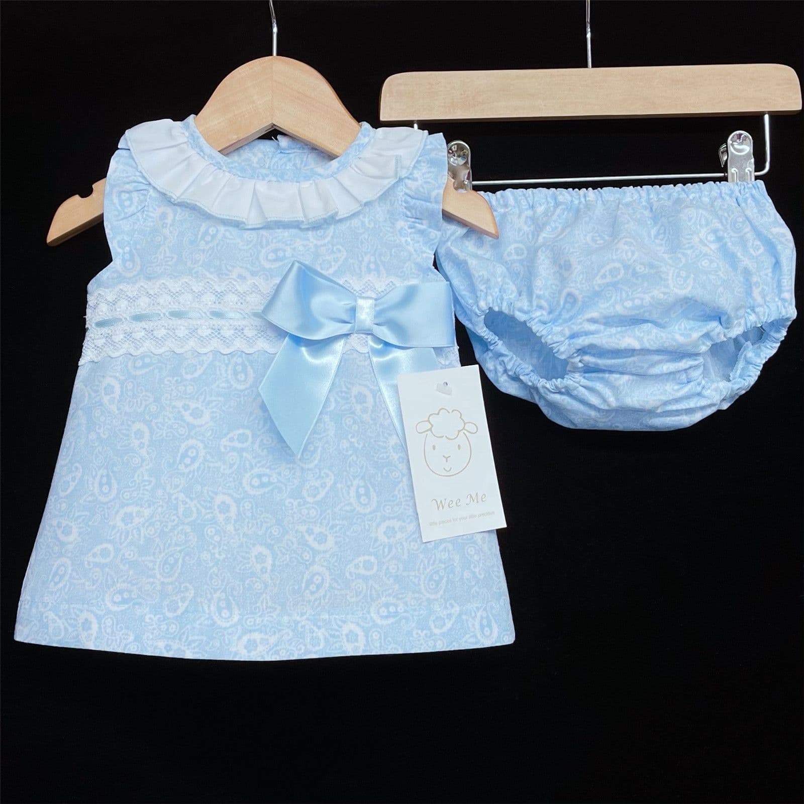Baby Girl Spanish Blue Floral A Line Dress Ribbon Insert Lace Satin Bow Pants Set "MYD366B"
