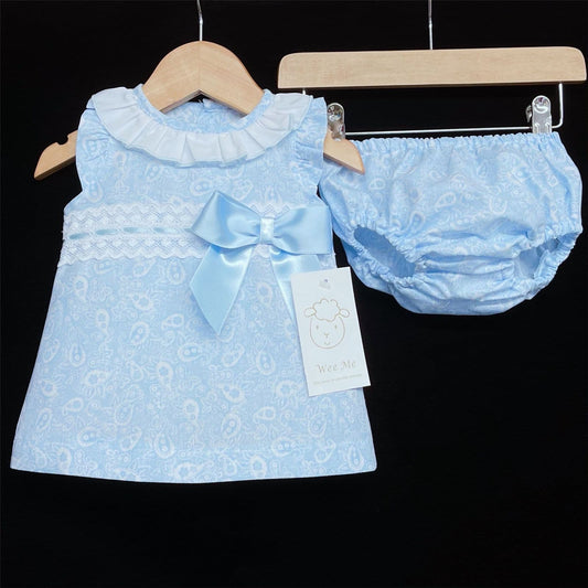 Baby Girl Spanish Blue Floral A Line Dress Ribbon Insert Lace Satin Bow Pants Set "MYD366B"