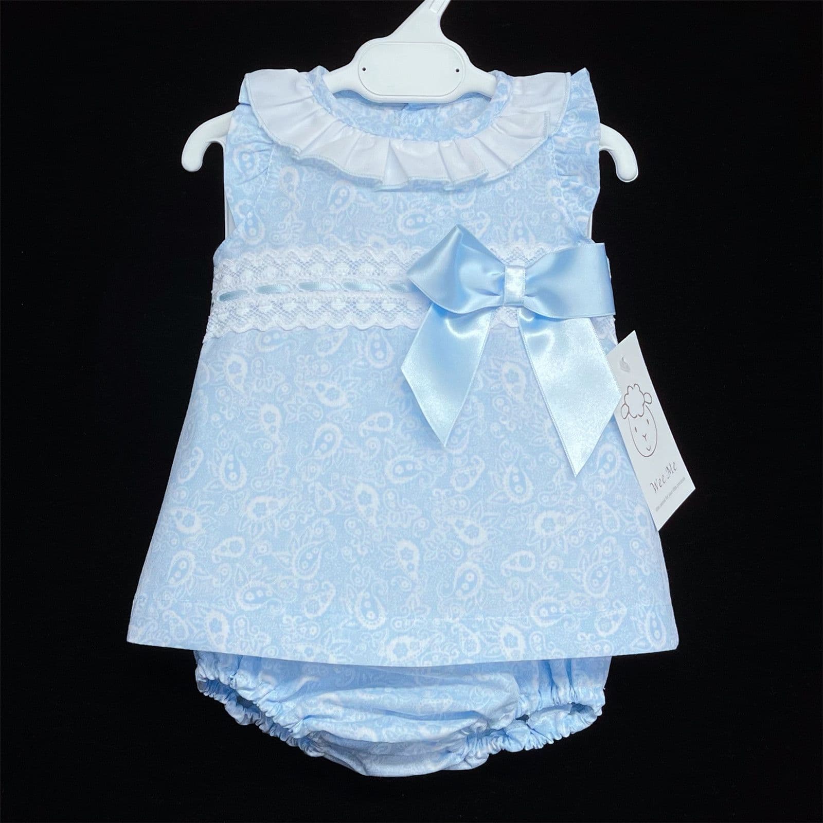 Baby Girl Spanish Blue Floral A Line Dress Ribbon Insert Lace Satin Bow Pants Set "MYD366B"