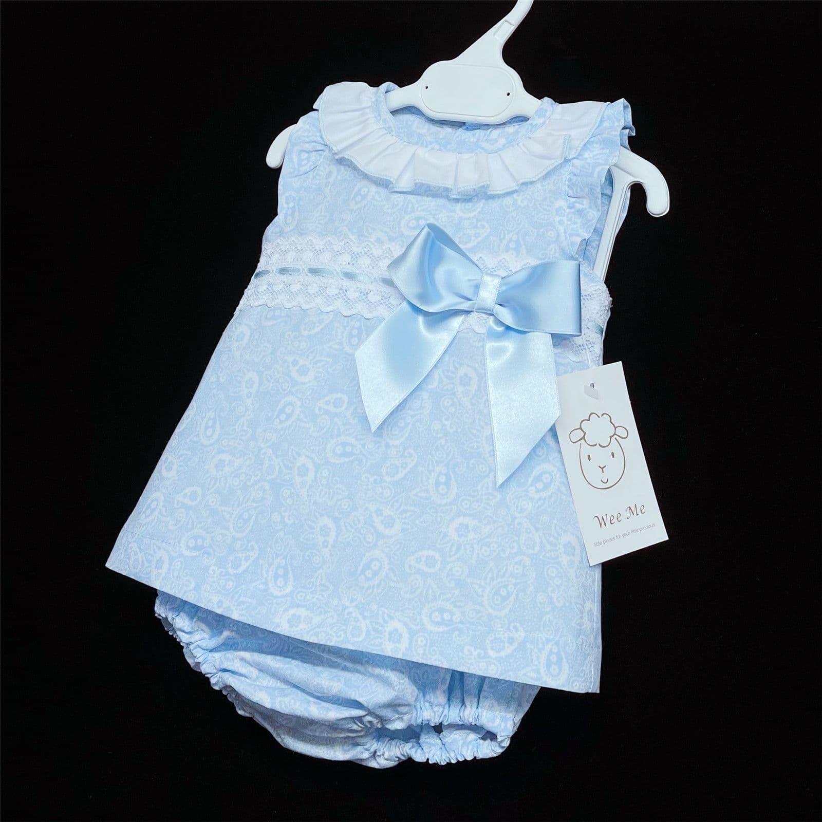 Baby Girl Spanish Blue Floral A Line Dress Ribbon Insert Lace Satin Bow Pants Set "MYD366B"