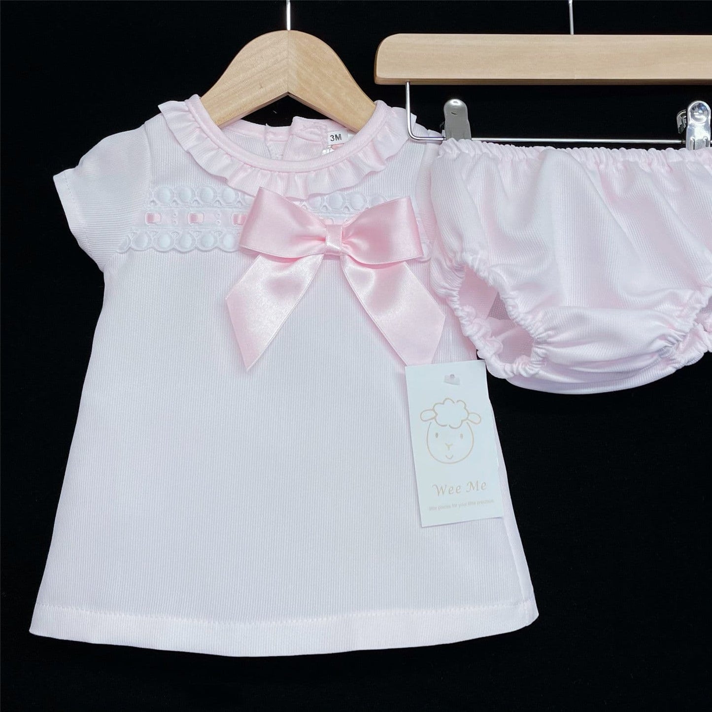 Baby Girl Spanish Pink A Line Dress Ribbon Insert Lace Satin Bow Pants Set "MYDA603"
