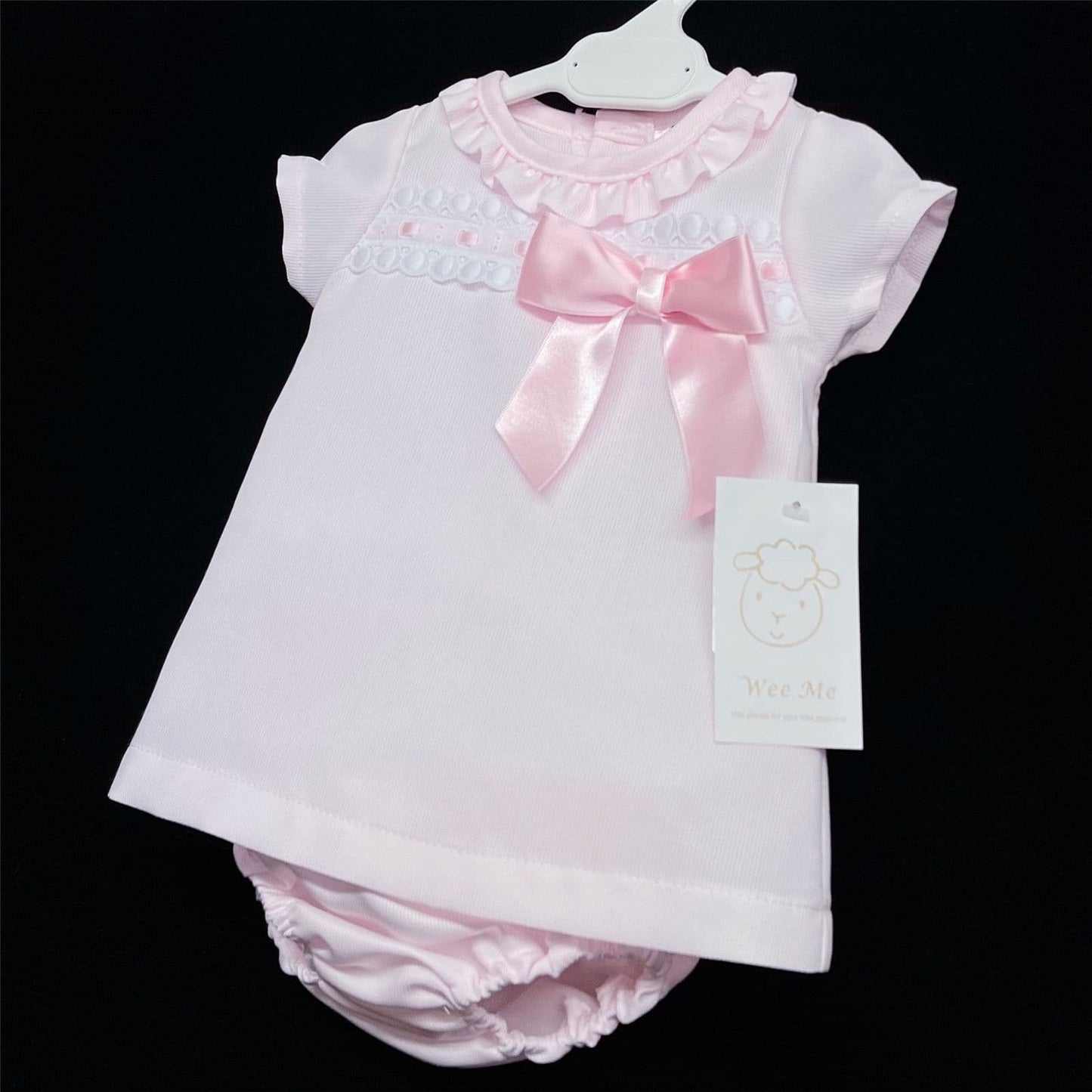 Baby Girl Spanish Pink A Line Dress Ribbon Insert Lace Satin Bow Pants Set "MYDA603"