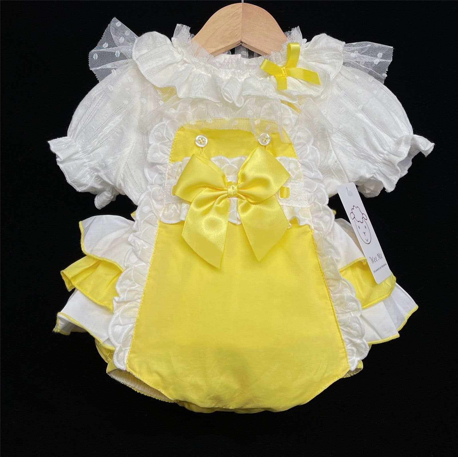 Baby Girl Spanish Yellow Frilly Back Romper Suit Lace Details "2038 Yellow"