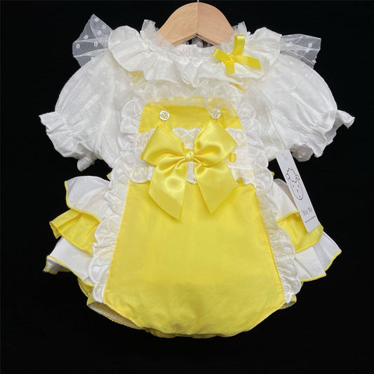 Baby Girl Spanish Yellow Frilly Back Romper Suit Lace Details "2038 Yellow"
