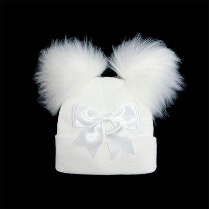 Baby Girls White Double Faux Fur Pom Hat with Bow