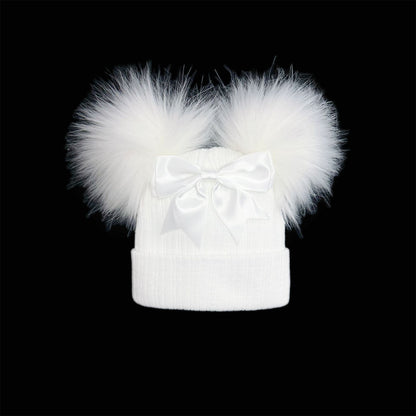 Baby Girls White Double Faux Fur Pom Hat with Bow