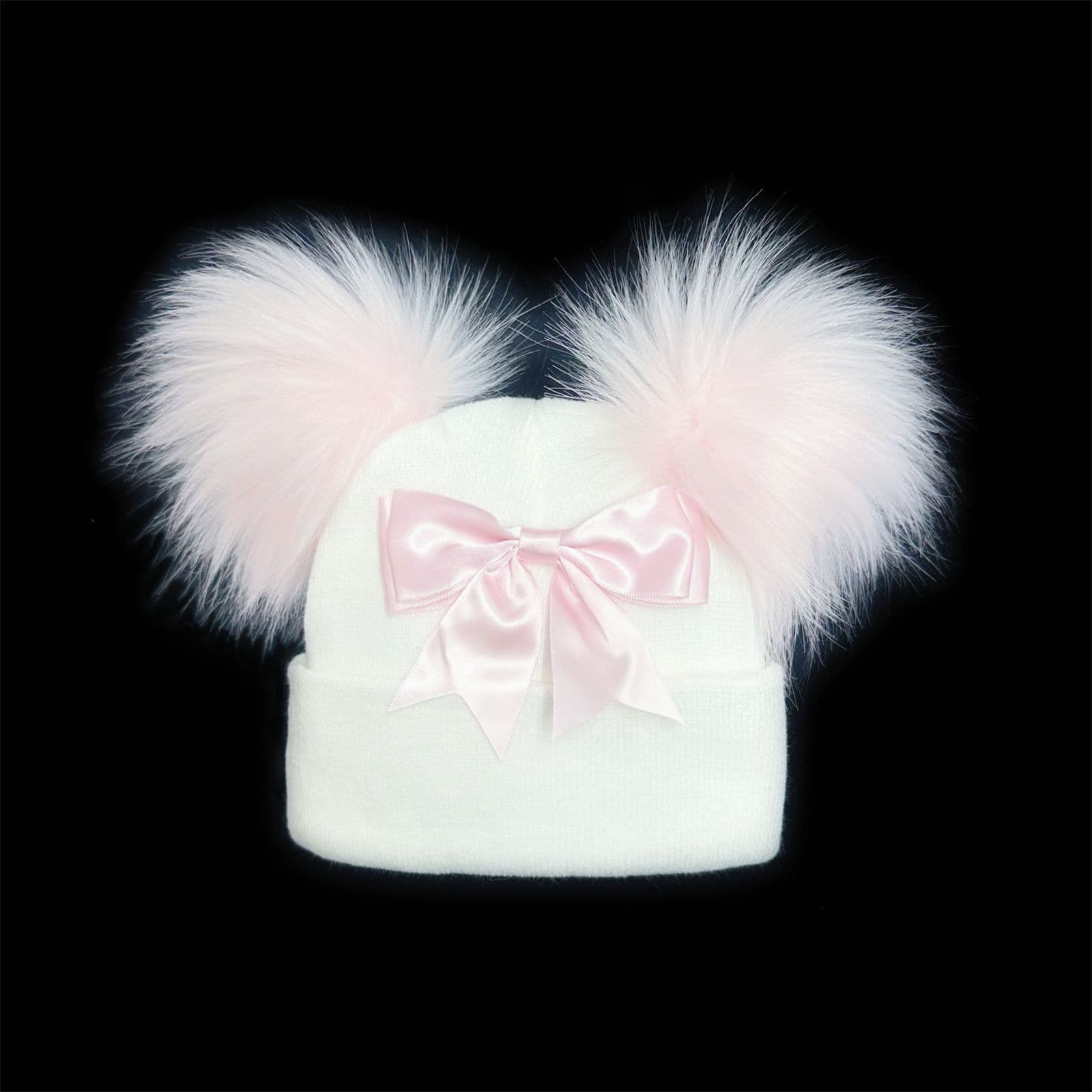 Baby Girls White Double Faux Fur Pom Hat with Pink Bow