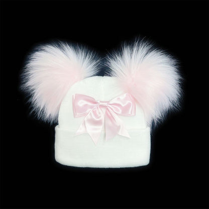 Baby Girls White Double Faux Fur Pom Hat with Pink Bow