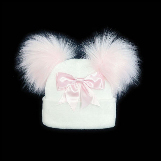 Baby Girls White Double Faux Fur Pom Hat with Pink Bow